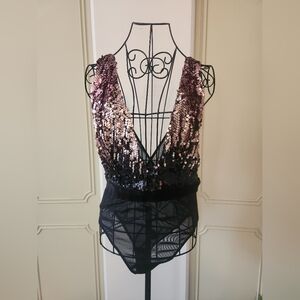 Ann Summers Size Medium Sequin Bodysuit/ Lingerie in Black and Rose Gold